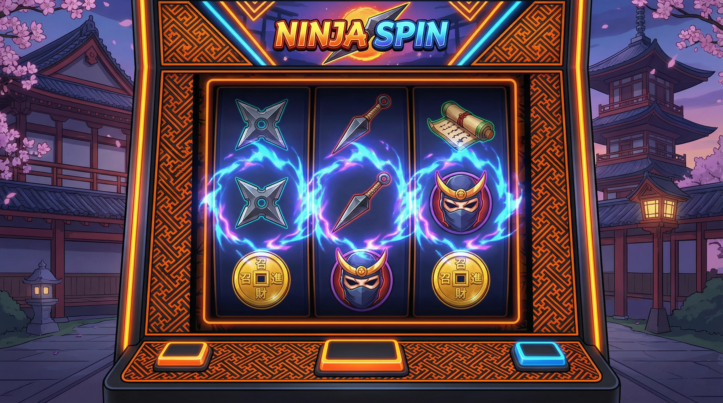Tragamonedas ninja con símbolos de shuriken y monedas